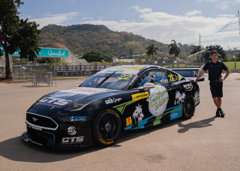 Mason Kelly with his Mustang sporting Trentham Waters Resort backing. Image: Supplied