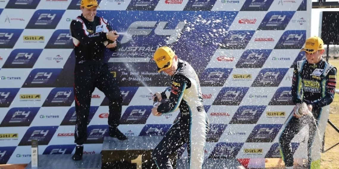 Celebrations at The Bend for Australian F4 with Blake Purdie, Jimmy Piszcyk and Nicolas Stati.
