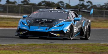 Dan Wells had a brilliant start in the Lamborghini Super Trofero race before before Emilien Carde brought their car home first at The Bend. Image: Bob Taylor