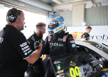 Todd Hazlewood is greeted by engineer George Commins after practice at Mount Panorama. Image: Supplied