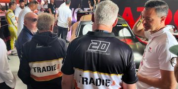 Team 18 owner Charlie Schwerkolt (left) with team principal Adrian Burgess and senior manager of Toyota Design Australia Nic Hogio (right).