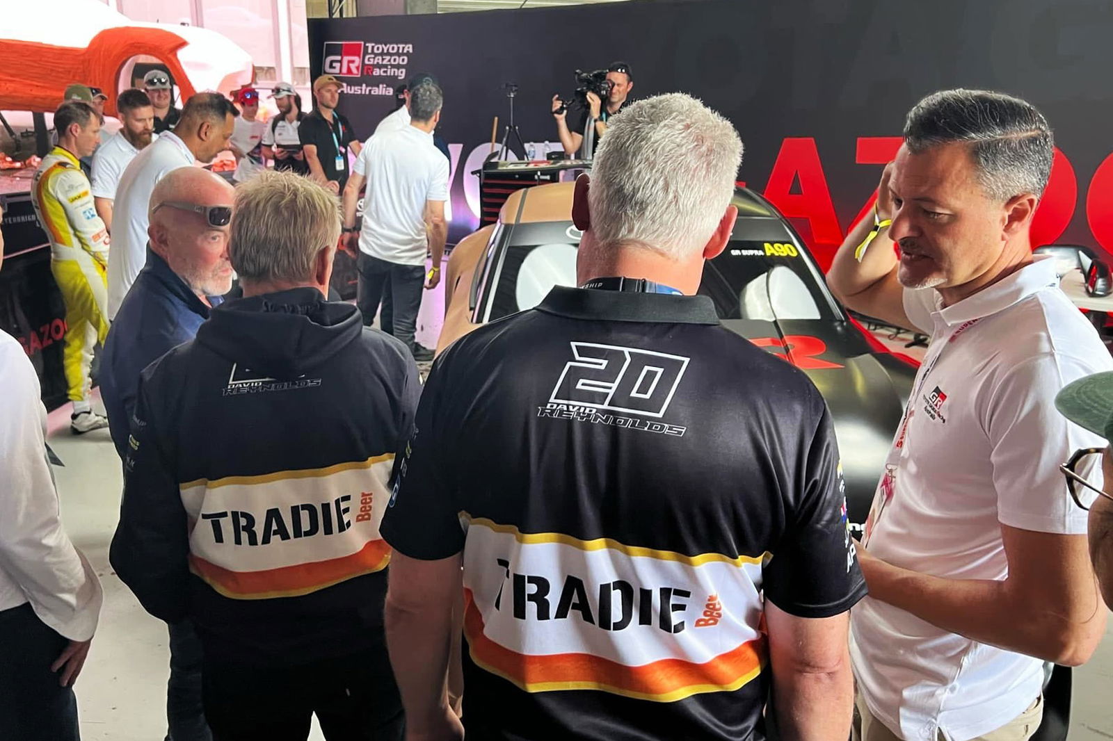 Team 18 owner Charlie Schwerkolt (left) with team principal Adrian Burgess and senior manager of Toyota Design Australia Nic Hogio (right).