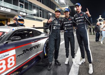 (left to right) Jordan Love, Prince Jefri Ibrahim, and Luca Stolz after taking victory for Triple Eight JMR in Asian Le Mans Series Race 4. Image: Supplied