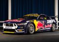 A front view of a Ford Mustang Supercar in Triple Eight Rae Engineering's Red Bull Ampol colours.