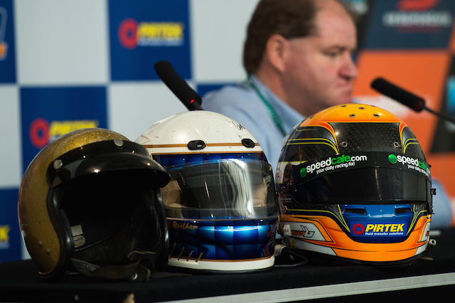 The helmets of three generations of the Brabham family from left ... Sir Jack Brabham, Geoff Brabham and Matthew Brabham. The latter will attempt to qualify for the 2016 Indy 500 for the newly formed Pirtek Team Murray with Speedcafe.com the official partner of the squad