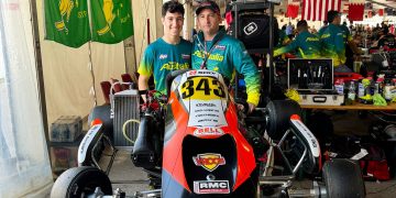 Max Walton (L) with father Kris is the best qualified of the Australians at the Rotax Max Grand Finals