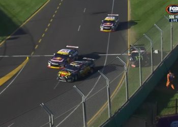 Broc Feeney drives into the Race 5 lead as Matt Payne and Cam Waters take each other out. Image: Fox Sports (as supplied by Supercars)