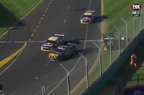 Broc Feeney drives into the Race 5 lead as Matt Payne and Cam Waters take each other out. Image: Fox Sports (as supplied by Supercars)