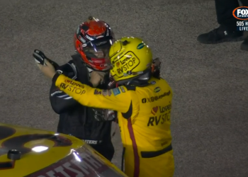 Layne Riggs was unimpressed with what appeared to be an apology from Cam Waters after final-lap contact in the Kansas NASCAR Truck race. Image: Fox Sports