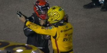 Layne Riggs was unimpressed with what appeared to be an apology from Cam Waters after final-lap contact in the Kansas NASCAR Truck race. Image: Fox Sports