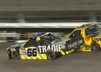 Cam Waters (#66) and Layne Riggs (#38) make contact on the final lap of the Kansas NASCAR Truck Series race. Image: NASCAR
