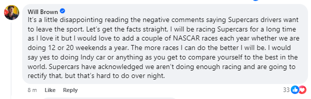 Will Brown addresses the barbs fired at Supercars as a result of his NASCAR announcement. Image: Supercars Facebook