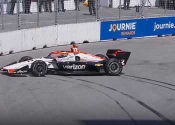 Will Power spins in practice on the streets of Toronto.