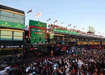 Fans celebrate under the podium at the 2023 Australian Grand Prix. Image: Moy / XPB Images