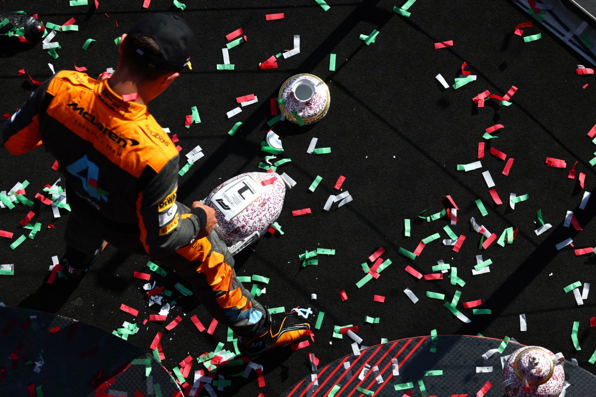 Lando Norris broke Max Verstappen's winner's trophy with his now traditional podium celebration