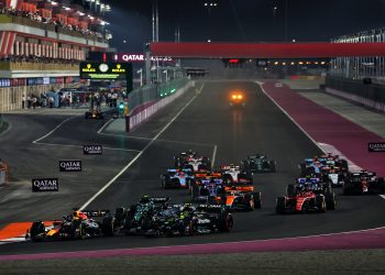 Max Verstappen (NLD) Red Bull Racing RB19 leads George Russell (GBR) Mercedes AMG F1 W14 and Lewis Hamilton (GBR) Mercedes AMG F1 W14, who collided at the start of the race. 08.10.2023. Formula 1 World Championship, Rd 18, Qatar Grand Prix, Doha, Qatar, Race Day. - www.xpbimages.com, EMail: requests@xpbimages.com © Copyright: Coates / XPB Images