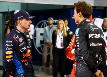 Max Verstappen with Mercedes' George Russell. Image: Batchelor / XPB Images