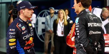 Max Verstappen with Mercedes' George Russell. Image: Batchelor / XPB Images