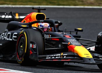 Max Verstappen saw off a late challenge from Sergio Perez to claim pole for the Japanese Grand Prix. Image: Coates / XPB Images