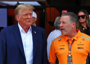 (L to R): Donald Trump (USA) Politician and Businesman with Zak Brown (USA) McLaren Executive Director. 05.05.2024. Formula 1 World Championship, Rd 6, Miami Grand Prix, Miami, Florida, USA, Race Day. - www.xpbimages.com, EMail: requests@xpbimages.com © Copyright: Coates / XPB Images