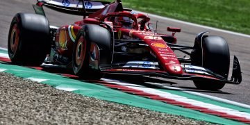 Charles Leclerc completed a clean sweep of Friday practice sessions for the Emilia Romagna Grand Prix as Max Verstappen's difficult start continued. Image: Charniaux / XPB Images