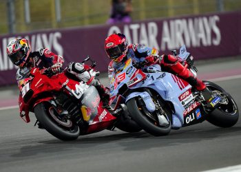 Pedro Acosta passes Marc Marquez in the 2024 Qatar MotoGP Race