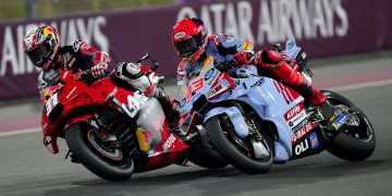 Pedro Acosta passes Marc Marquez in the 2024 Qatar MotoGP Race