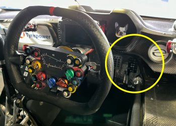 The dashboard cut-out (circled) in the Erebus #9 Chevrolet Camaro.