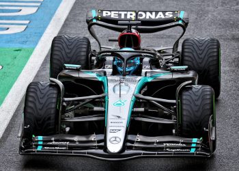 George Russell and Lewis Hamilton topped a wet final hour of practice for the British Grand Prix. Image: Batchelor / XPB Images