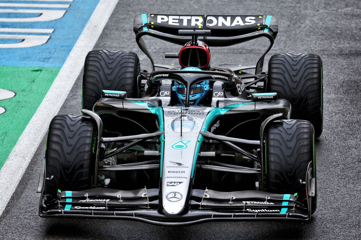 George Russell and Lewis Hamilton topped a wet final hour of practice for the British Grand Prix. Image: Batchelor / XPB Images