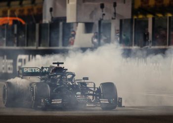 Lewis Hamilton will join the top three finishers as they celebrate following the Formula 1 Abu Dhabi Grand Prix. Image: Moy / XPB Images