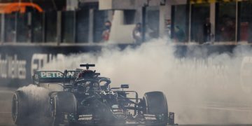 Lewis Hamilton will join the top three finishers as they celebrate following the Formula 1 Abu Dhabi Grand Prix. Image: Moy / XPB Images