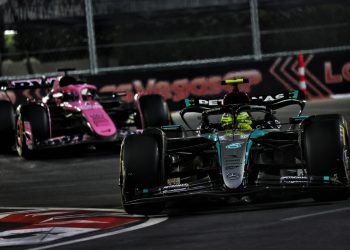 Lewis Hamilton went fastest in second practice to underscore the pace in the Mercedes and raise the potential for a three-team scrap for the Las Vegas Grand Prix. Image: Charniaux / XPB Images