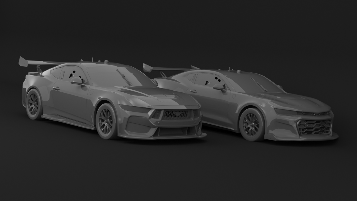 The Gen3-spec Ford Mustang (left) and Chevrolet Camaro rendered in iRacing.