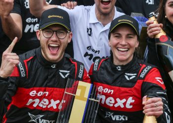 Kevin Hansen (left) and Molly Taylor celebrate victory in the Hydro X-Prix.