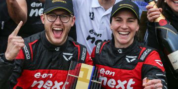 Kevin Hansen (left) and Molly Taylor celebrate victory in the Hydro X-Prix.