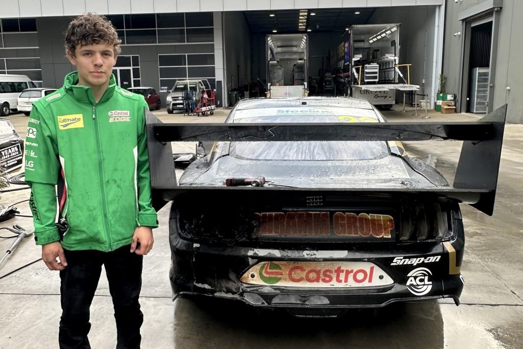 Mason Kelly with his burnt Mustang. Image: Supplied