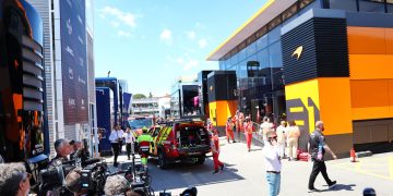 McLaren was forced to evacuate its hospitality facility in the Circuit de Barcelona-Catalunya paddock after a fire broke out. Image: Batchelor / XPB Images