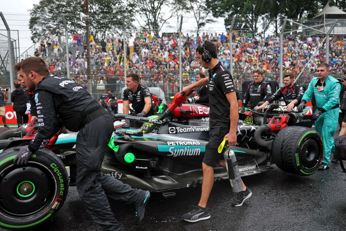 Mercedes has been penalised for changing the tyre pressure on both George Russell’s and Lewis Hamilton’s cars ahead of the Sao Paulo Grand Prix race start. Image: Staley / XPB Images