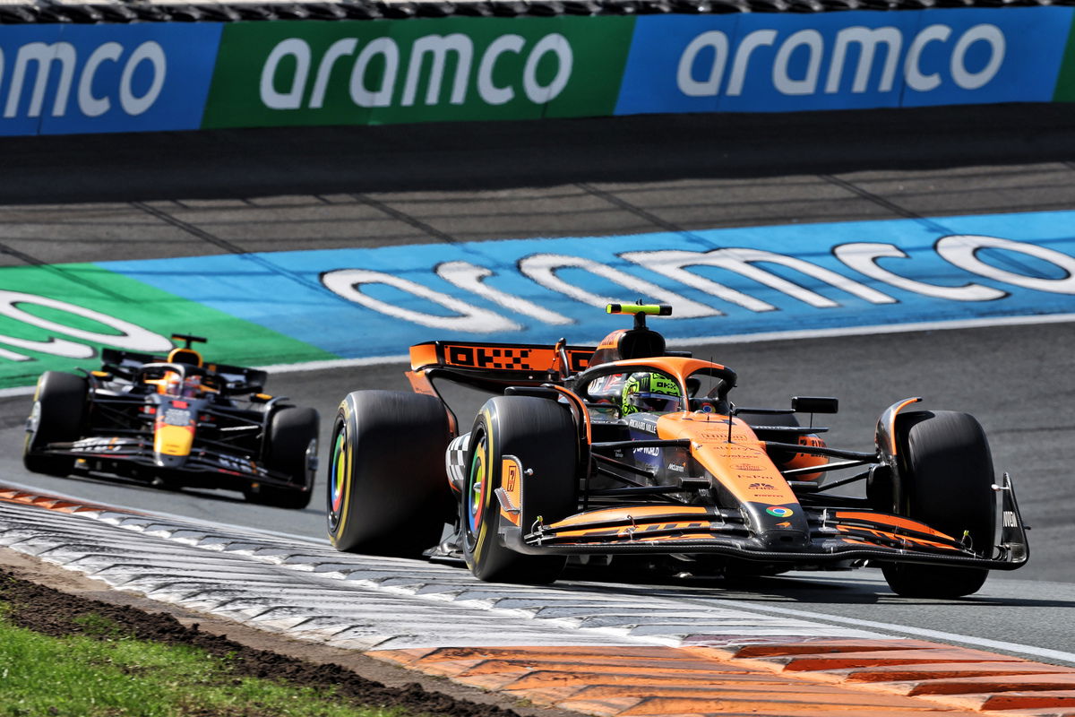 Lando Norris dominated the Dutch GP from Max Verstappen. Image: Miltenburg / XPB Images