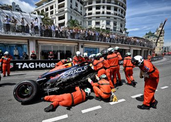 Sergio Perez believes dangerous driving from Kevin Magnussen caused his huge opening lap crash in the Monaco Grand Prix. Image: Price / XPB Images