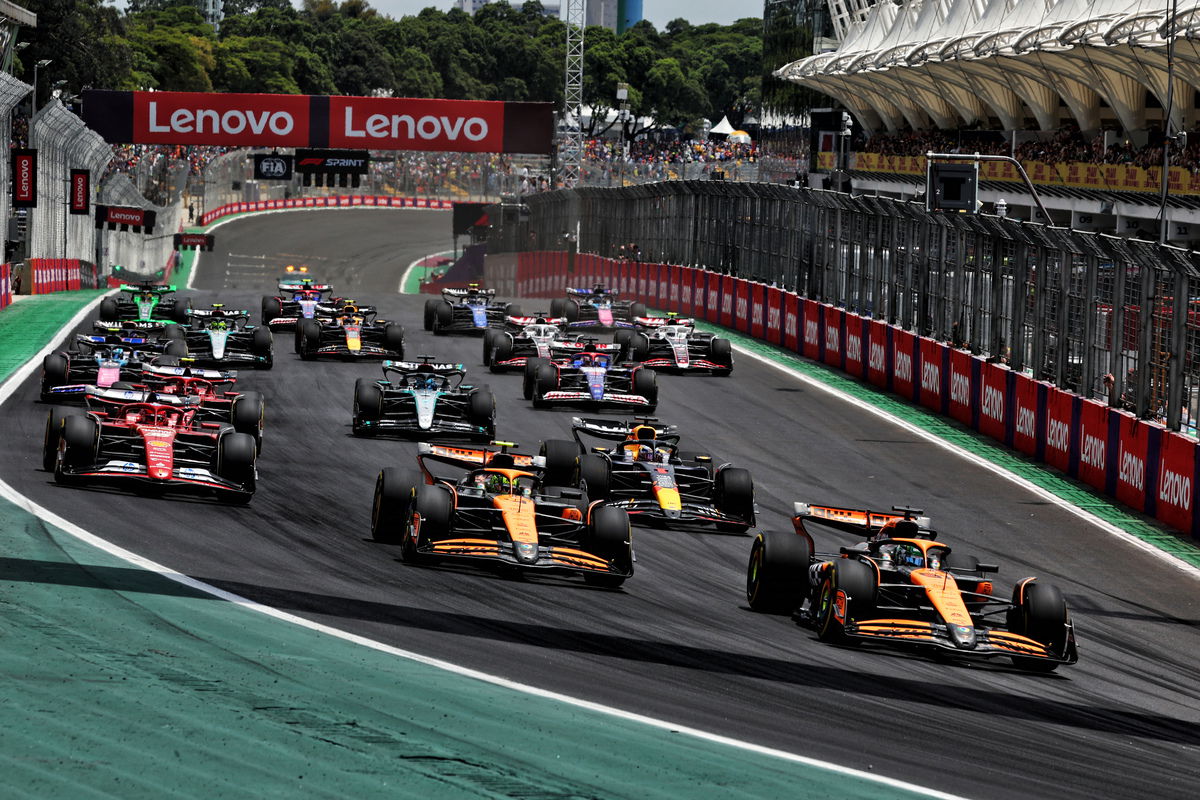 Oscar Piastri has handed Lando Norris victory in the Sao Paulo Grand Prix Sprint as McLaren delivered a one-two result ahead of Max Verstappen. Image: Charniaux / XPB Images