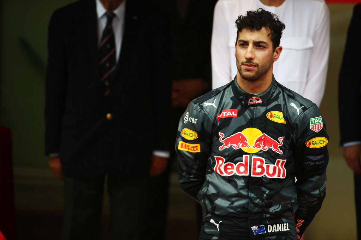 A dejected Daniel Ricciardo on the podium at the 2016 Monaco Grand Prix