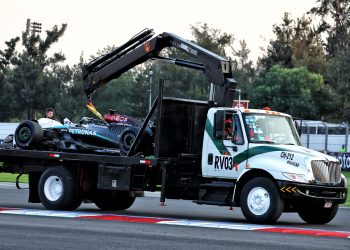 George Russell crashed out of the second practice session for the Formula 1 Mexico City Grand Prix, a session dedicated to testing 2025-spec tyre testing. Image: Charniaux / XPB Images