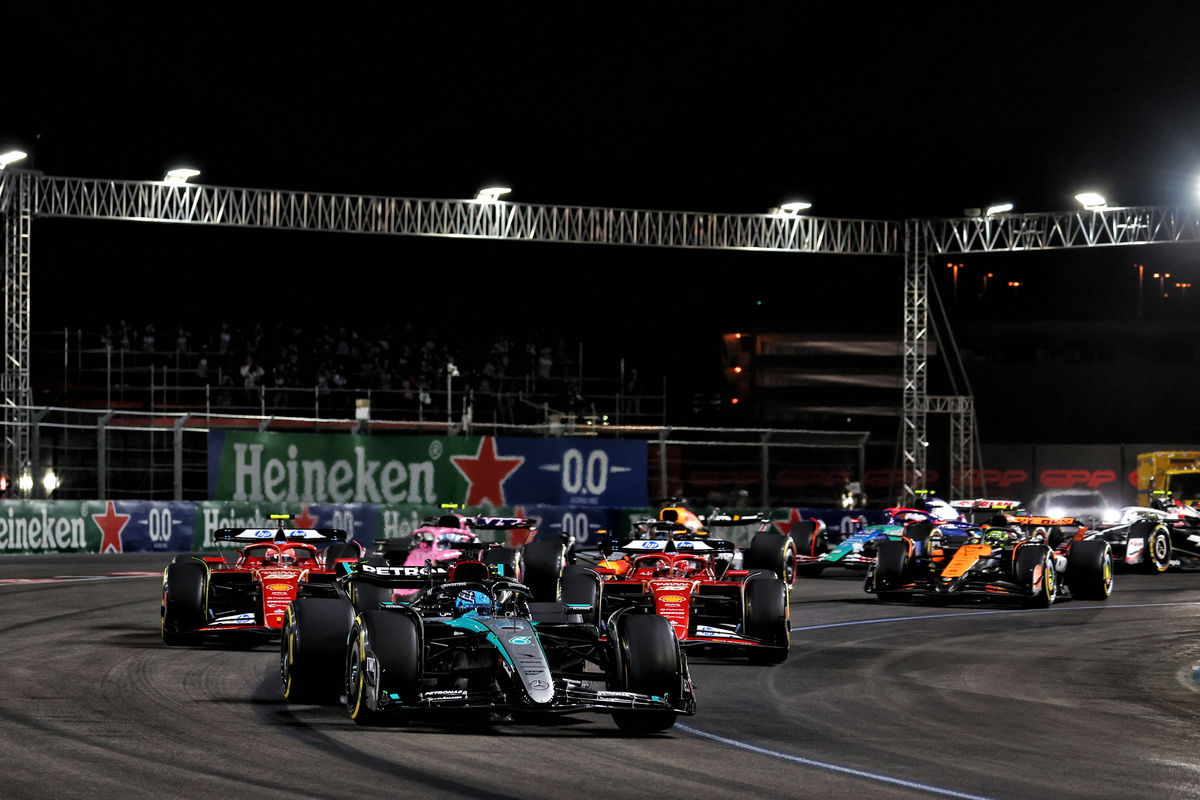 George Russell has dominated the Las Vegas Grand Prix to head a surprise Mercedes one-two. Image: Charniaux / XPB Images