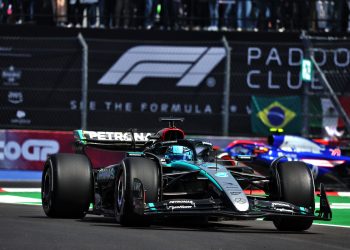 George Russell has headed a twice-interrupted opening hour of practice running at the Formula 1 Mexico City Grand Prix. Image: Moy / XPB Images