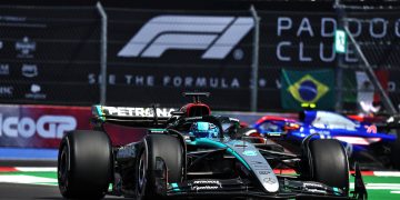 George Russell has headed a twice-interrupted opening hour of practice running at the Formula 1 Mexico City Grand Prix. Image: Moy / XPB Images