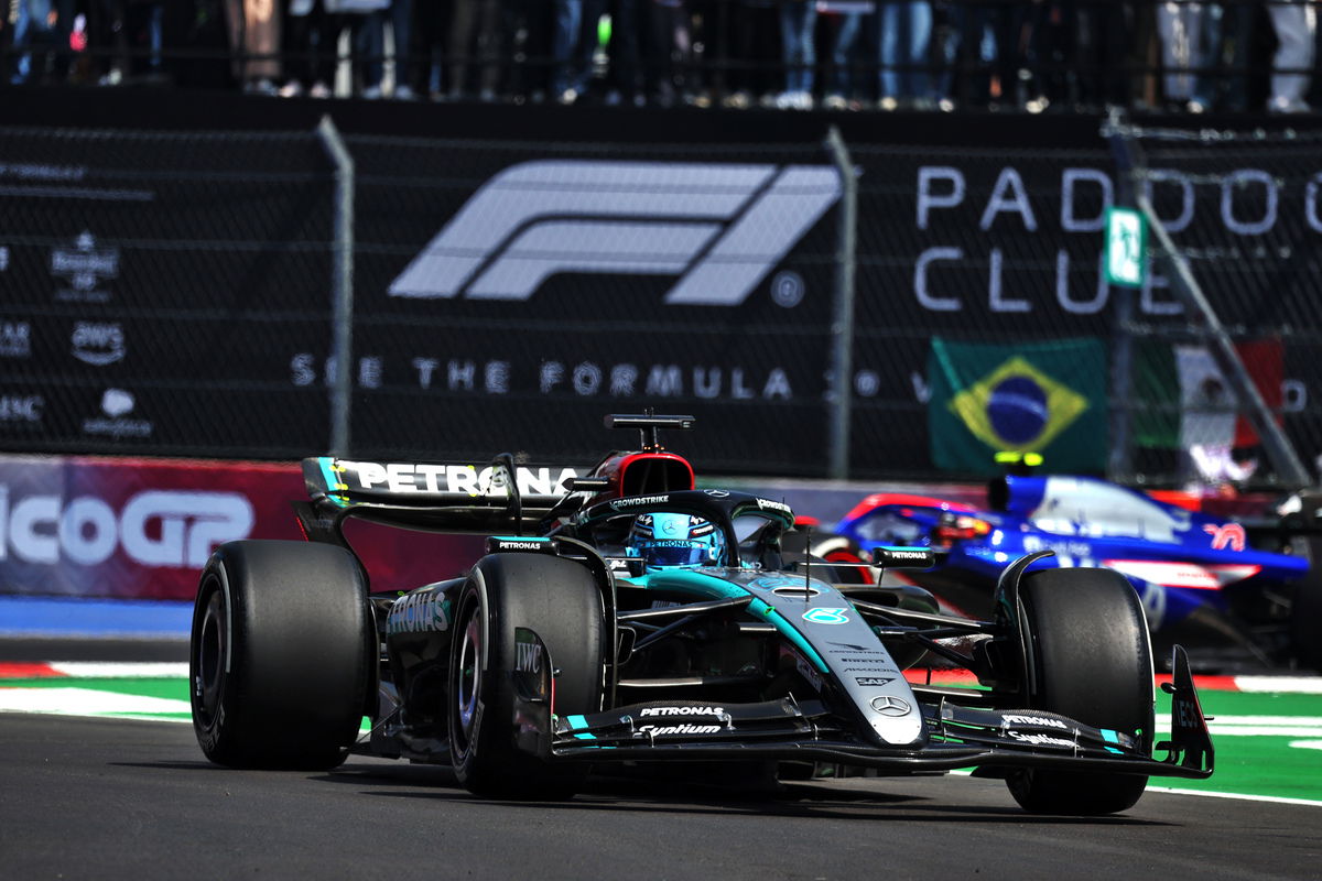 George Russell has headed a twice-interrupted opening hour of practice running at the Formula 1 Mexico City Grand Prix. Image: Moy / XPB Images