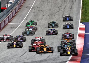 George Russell has won the Austrian Grand Prix after Max Verstappen and Lando Norris crashed into one another. Image: Charniaux / XPB Images