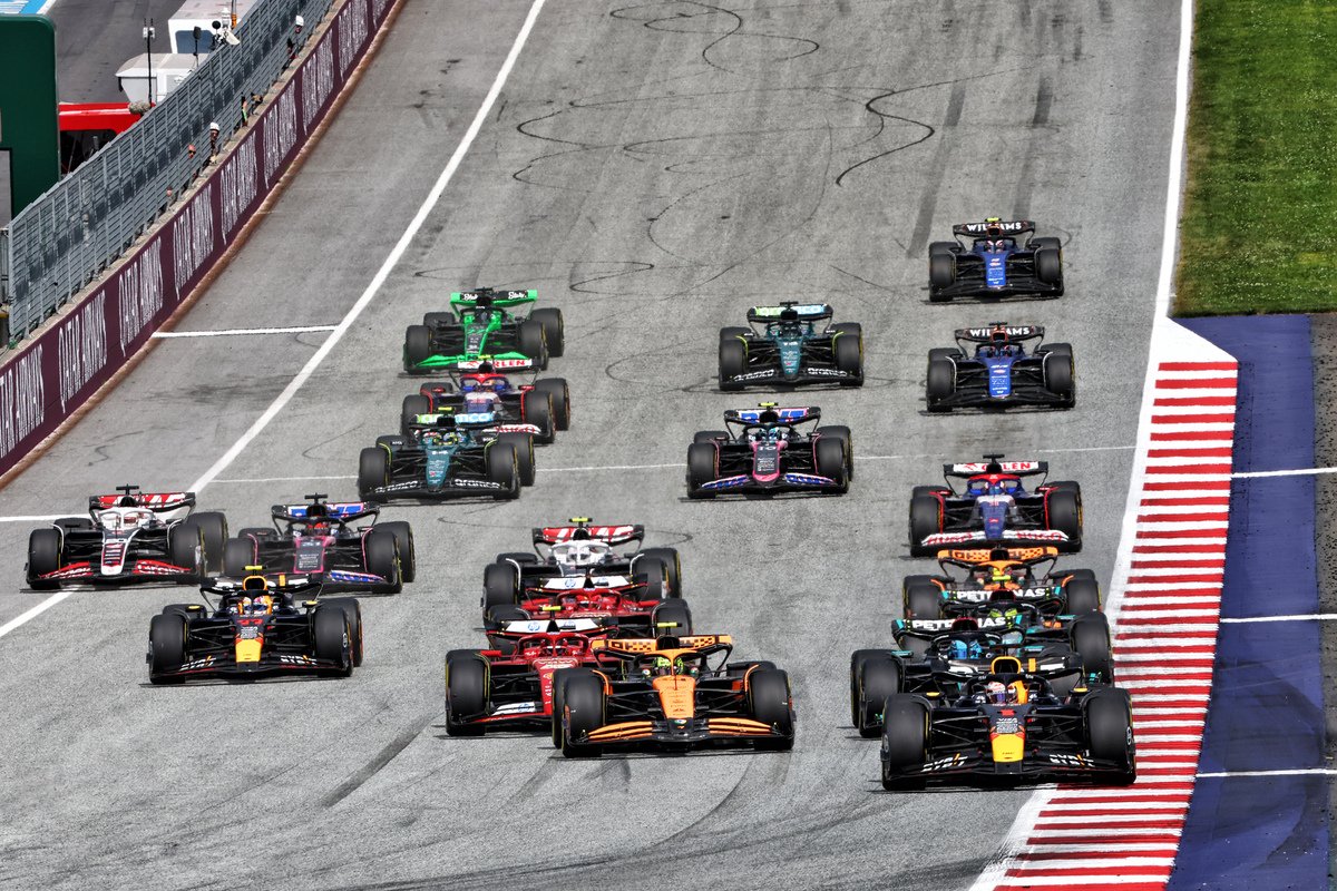 George Russell has won the Austrian Grand Prix after Max Verstappen and Lando Norris crashed into one another. Image: Charniaux / XPB Images